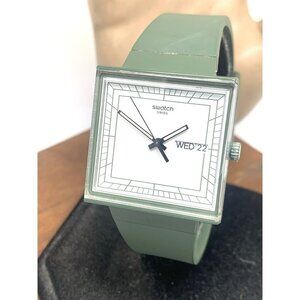 Swatch Women's Watch SO34G700 What If Swiss Quartz White Dial Green Rubber 33mm